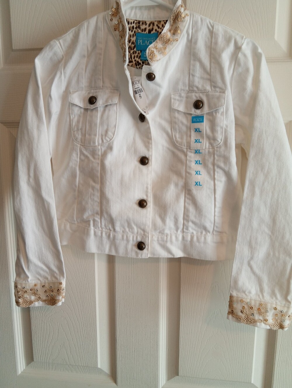 Girl's White Embellished Sequinced 100% Cotton Jacket - XL - 14